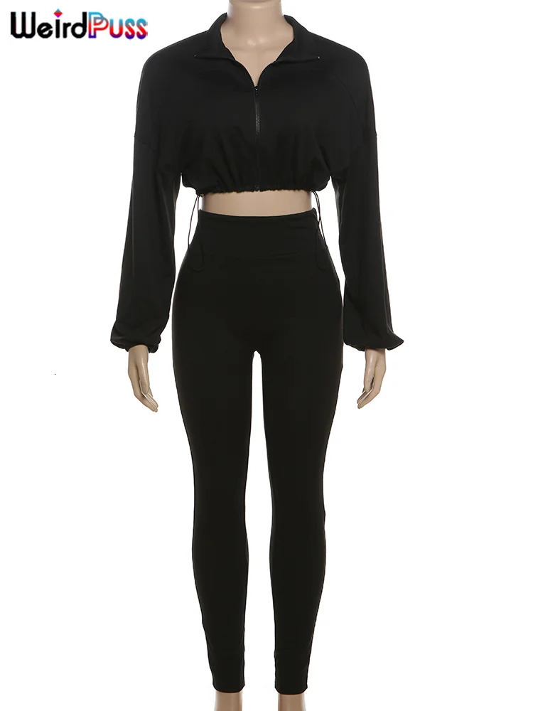 Weird Puss 2026 Spring Women Tracksuit 2 Piece Set Casual Zip Thin Drawstring Crop JacketLeggings Street Sporty Matching Suit 251021