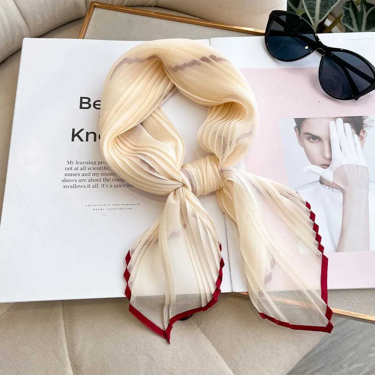 Women Pleated Satin Solid Scarf Headscarf Neckerchief Square Shawl Hair Tie Band HandKerchief Satin Foulard Scarves Decorative W251021