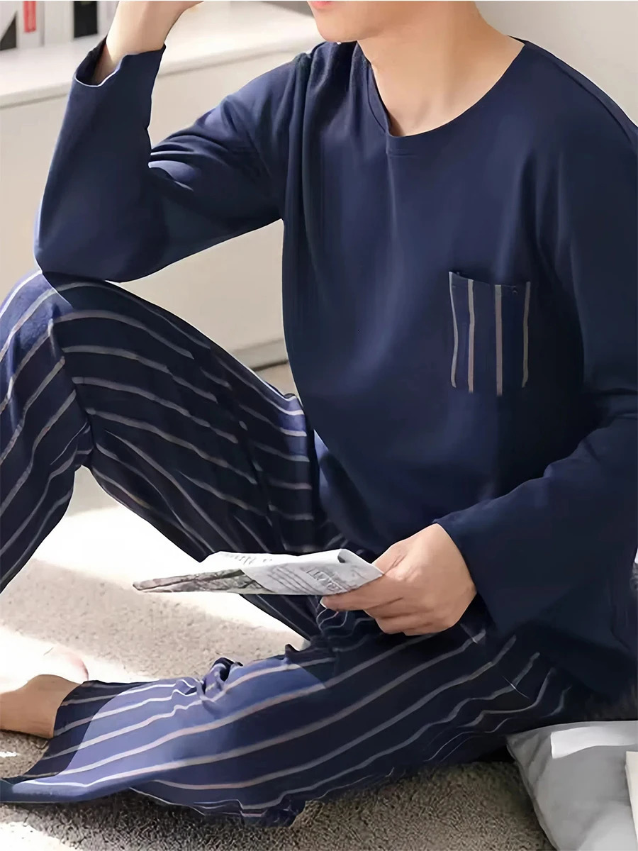 Teenage Mens Pajamas LongSleeved Spring and Autum Mens Pullover Plus Fat Large Size Home Clothes Suit Thin 251021