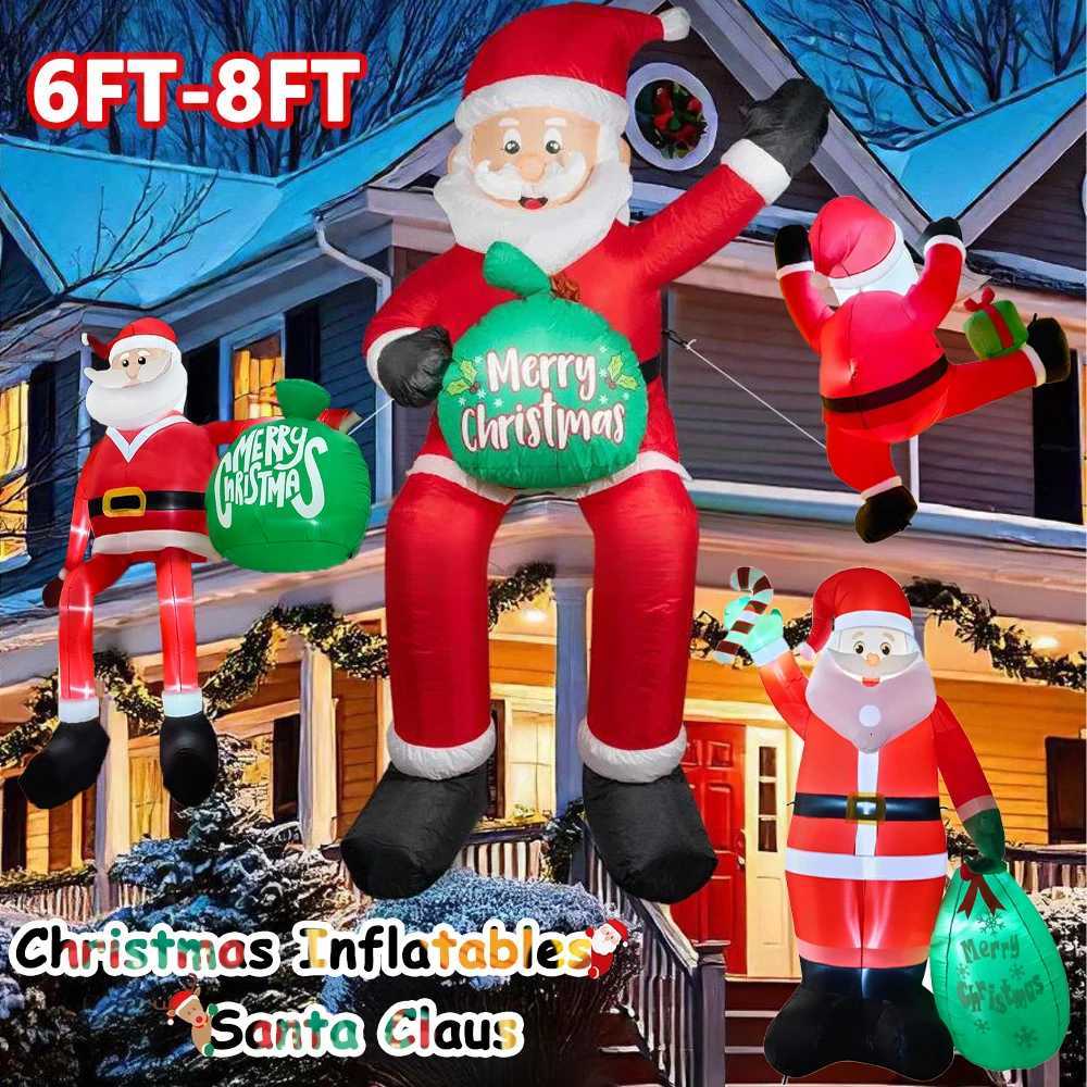 Xmas Outdoor Decorations 6FT8FT Christmas Inflatables Santa Hold Present Bag with LED Climbing Santa Christmas Party Yard DecorXJ251021