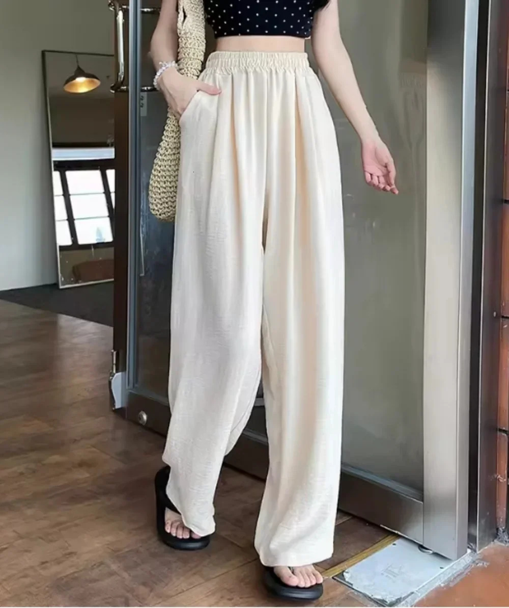 Solid color Women AnkleLength Wide Leg Pants Casual Summer Elastic Waist Loose Ice Silk Spring Female Trousers 251015