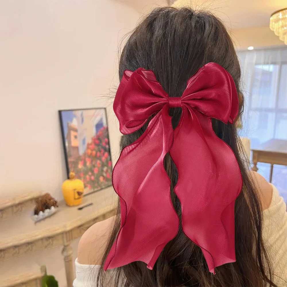 Chiffon Bow Hair Clips Girls Blue Shining Satin Bowknot Hair Clips Ribbon Bow Barrette Sweet Hairpin Grip Ponytail Clip HeadwearW254021