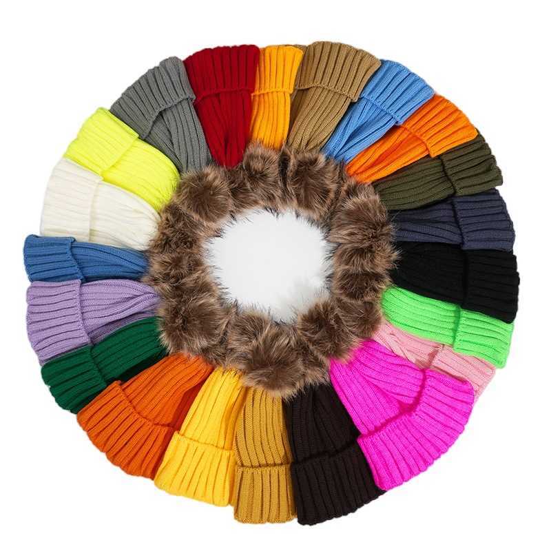 Solid Color Striped Gray Ball Knitted Hat Winter New Fashion Versatile Wool Hat Warm Double Layer Fleece Thickened Cold Hat H251020