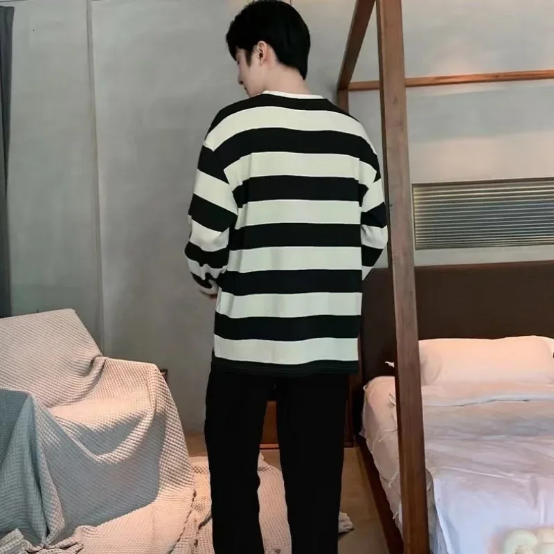 Striped Plus Size Men Pajamas Summer Long Sleeve Casual Sports Loose Black Round Neck TShirt and Long Pants TwoPiece Set 251021