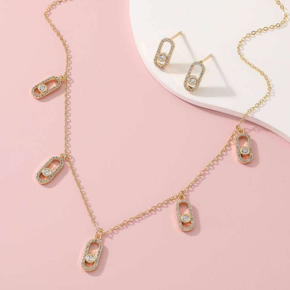 New Romatic Women Fashion Zircon Earring Set Geometic Design Wedding Party Jewelry Adjustable Necklace Accessory