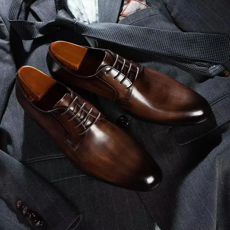 Wood Pattern Derby Shoes Men Breathable Mens Dress Shoes High Quality Leather Office Wedding Shoe Lace Up Handcolored Business 251021