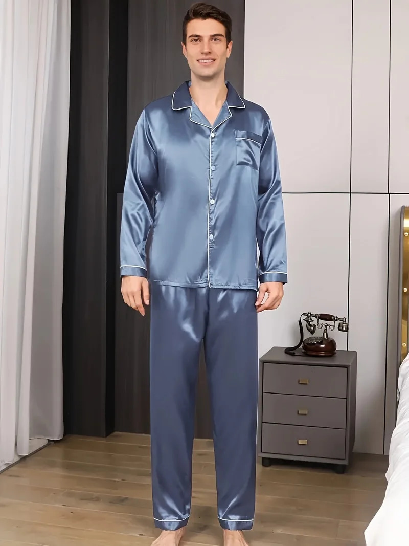 Men Pajama Sets Microfiber Sleepwear For Sleeping Man Shirt Silk Long Sleeve Pyjama Male Home Night Wear Plus Size Loungewear 251021