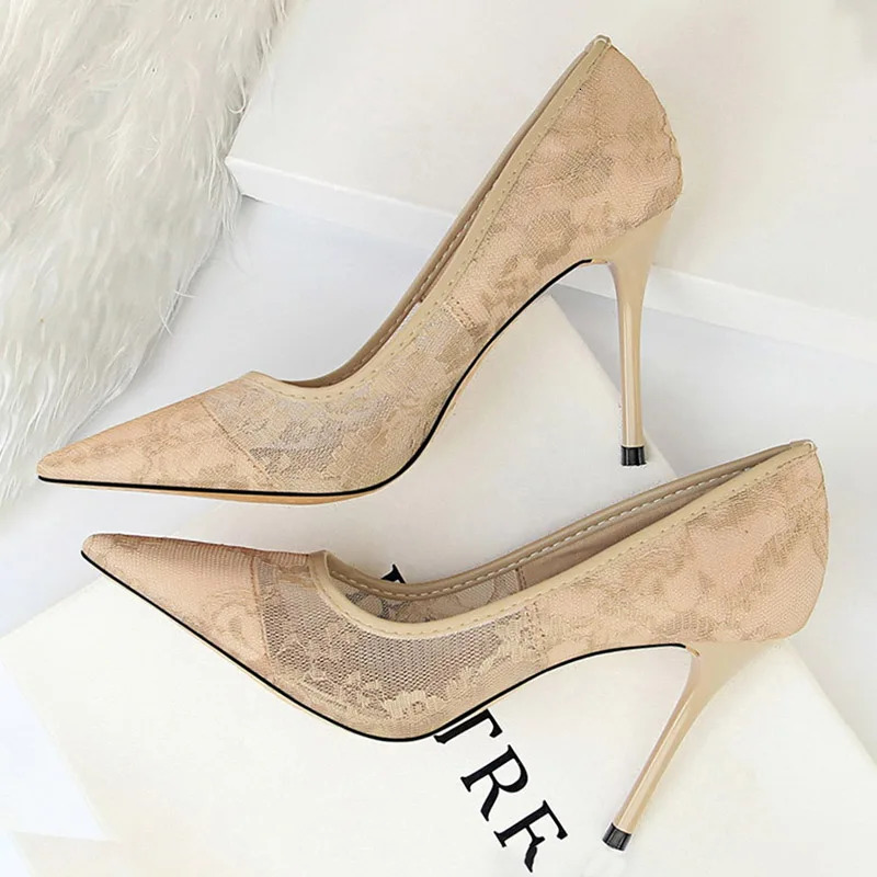 BIGTREE Shoes Mesh Hollow Lace Woman Pumps Spring Women Heels Sexy Party Shoes Thin Stiletto Heels Women Shoes 6 Colour 251017
