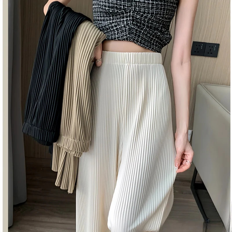 Spring Summer Ice Silk Pleated Loose Women Wide Leg Full Pant 2025 High Waist Casual Minimalism Straight Trousers for Womens 251015
