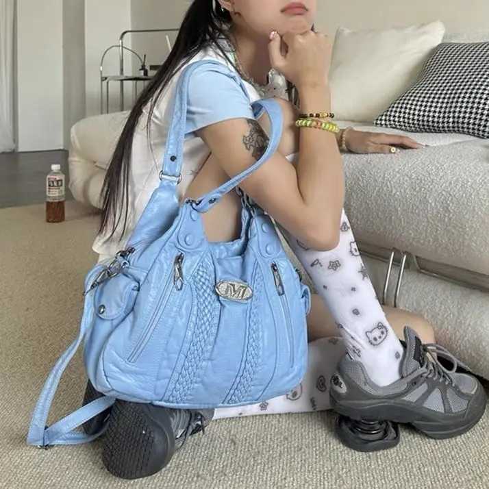 JIAERDI Hot Girls Blue Shoulder Bags Women Retro Leather Large Capacity Y2k Handbag Female Vintage Messenger Tote Bag Aesthetic Z251018