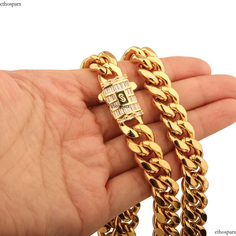 6mm-14mm Hip Hop Stainless Steel Miami Cuban Link Chain Real Gold Plated T Zircon Clasp Mens Necklace Jewelry