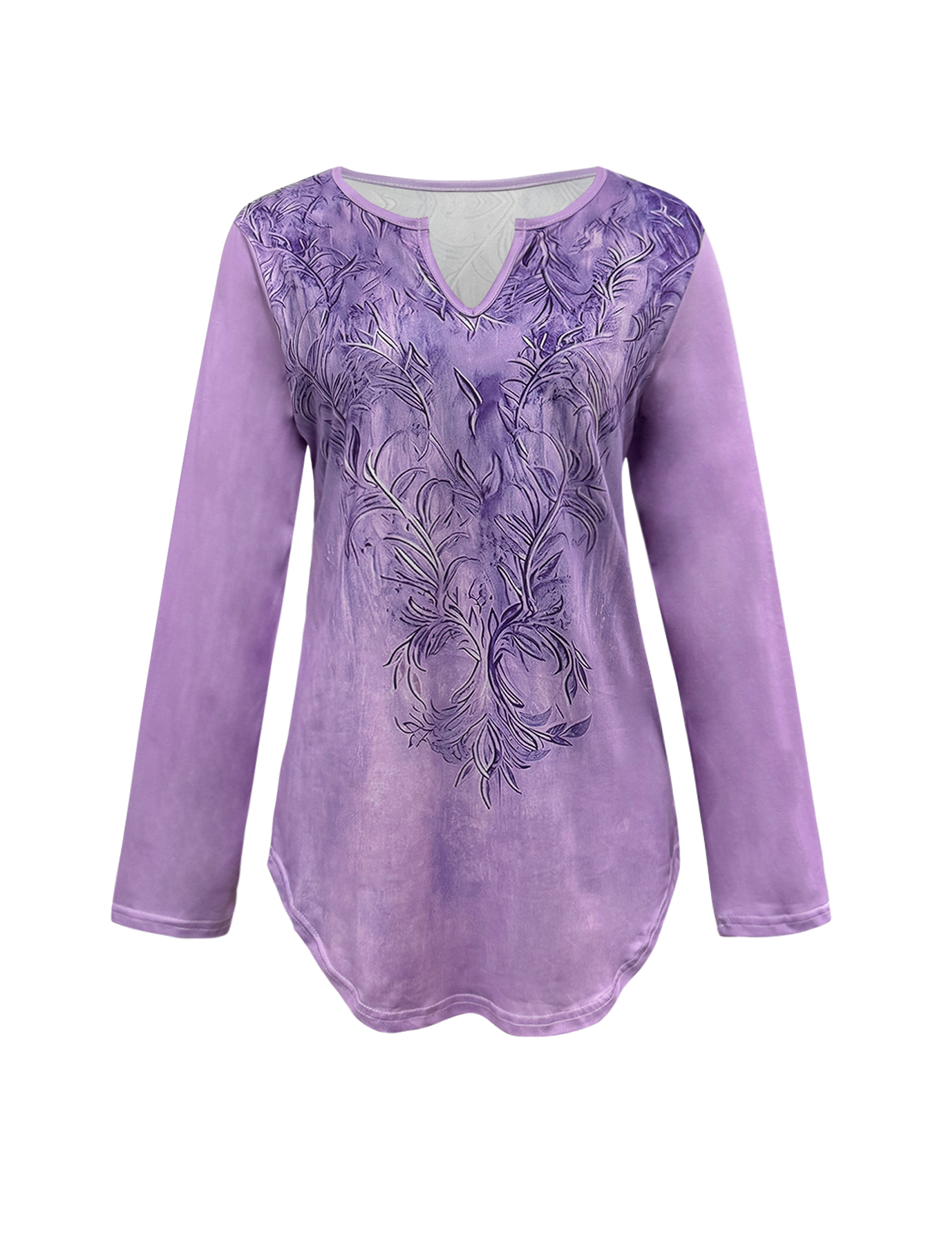 Women's Autumn & Winter Fashion Casual Small V-Neck Purple Plant Printed Long Sleeve Top, Milk Silk Semi-Circular Hem Blouse (S-XXL, Purple)-CF55
