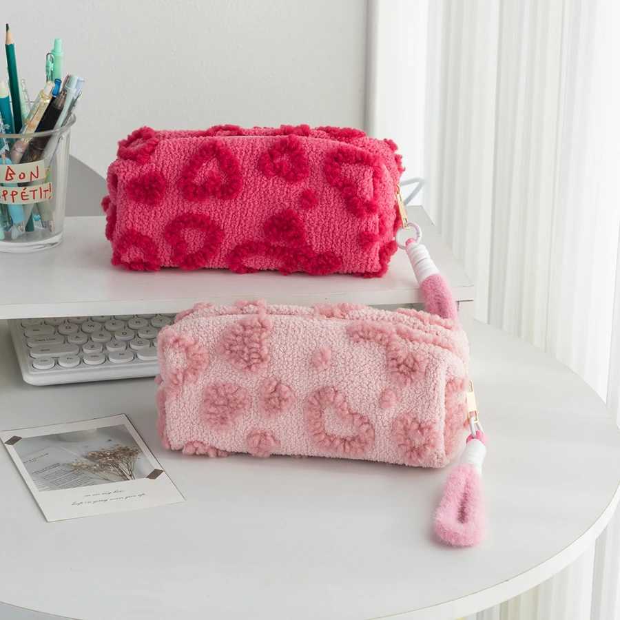 1pcs Cute Plush Makeup Bags For Women Pink Red Color Heart Cosmetic Bags With Lanyard Girl Large Capacity Travel OrganizerW251021