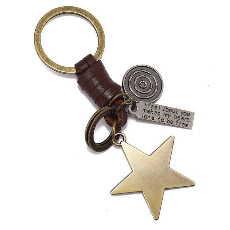 LETAPI Black Brown Leather Keychain for Men Punk Vintage Metal Star Pendant Car Key Accessories Jewelry Gifts W251021