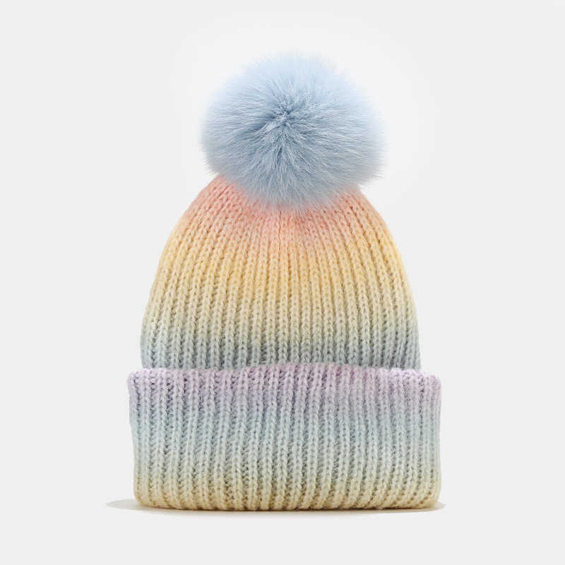 New Style Fox Fur Ball Knitted Hat Womens Fashion Colorblock Wool Hat Autumn Winter Outdoor Warm Hat Trendy H251020