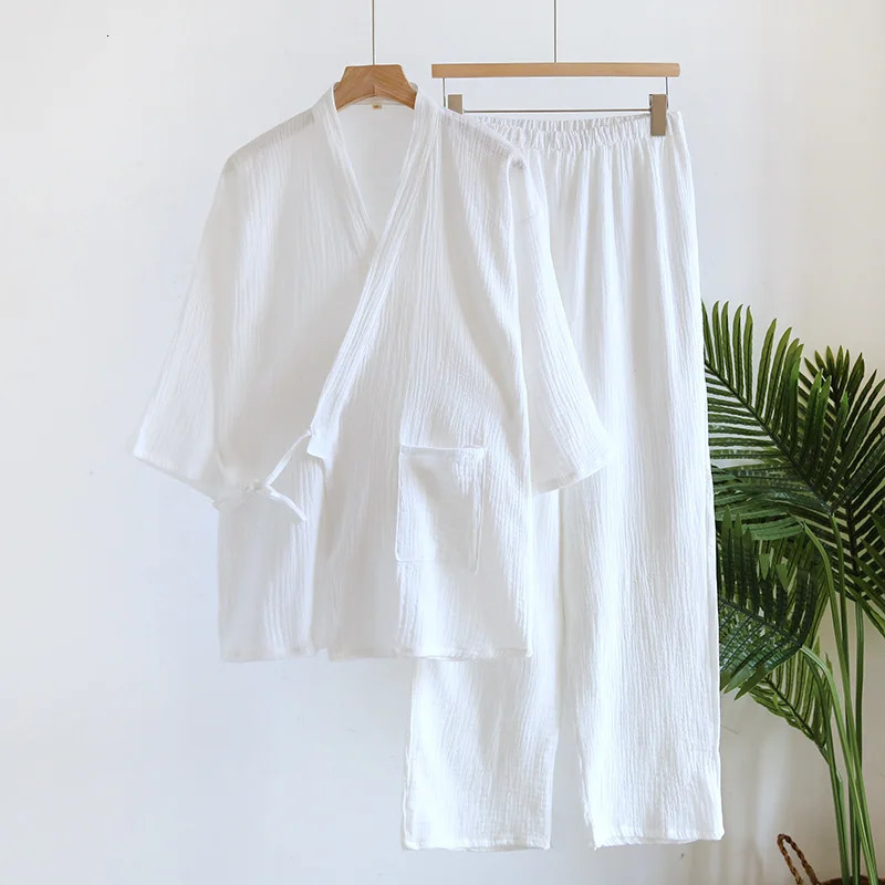 Large Size Kimono Robes with Pocket and Long Pants 2 Pcs Pajamas Set for Men Sleepwear Clothes Cotton Pjamas for Men 251021