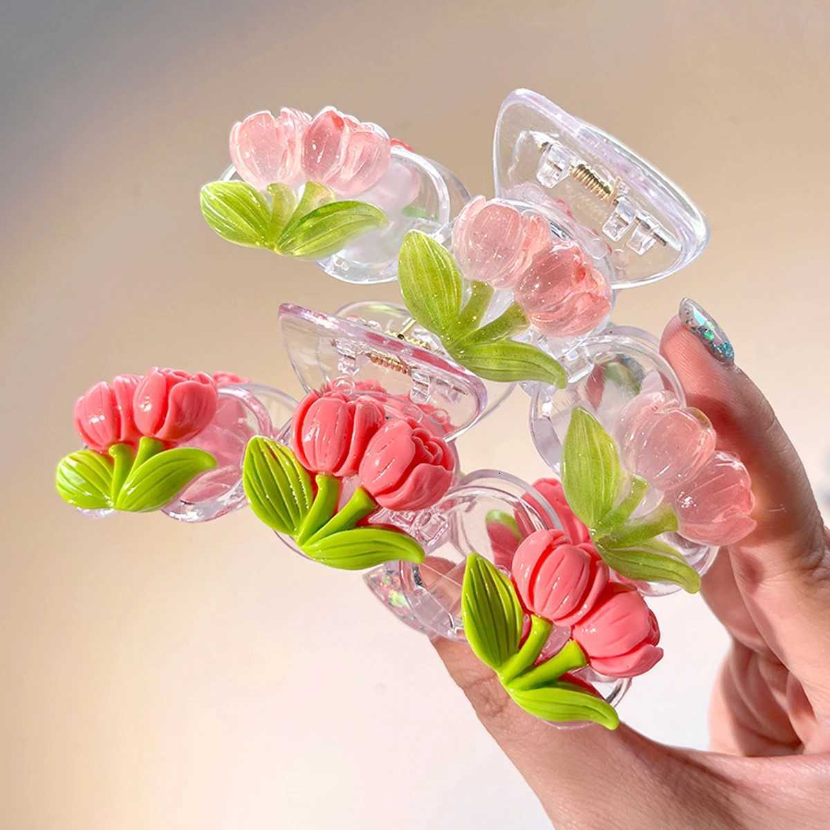 1pc cute tulip flower hair grip clip on the back of the head sweet shark clip peach blossom pink half hair clipW254021
