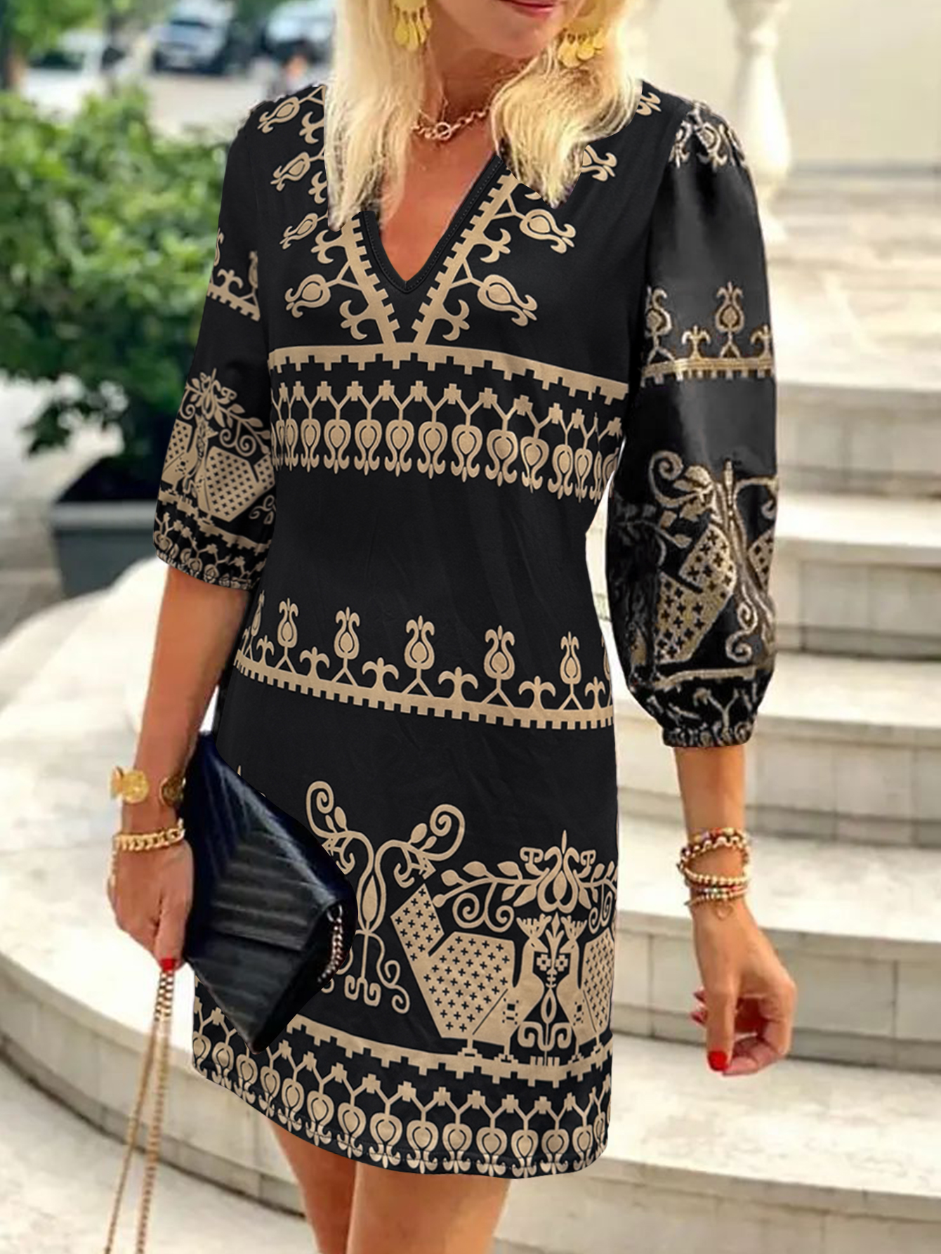 Women's Spring Summer Autumn New Ethnic Paisley Printed V-Neck 3/4 Sleeve Dress, Milk Silk Retro Elegant Office Casual Straight Dress-CF53957