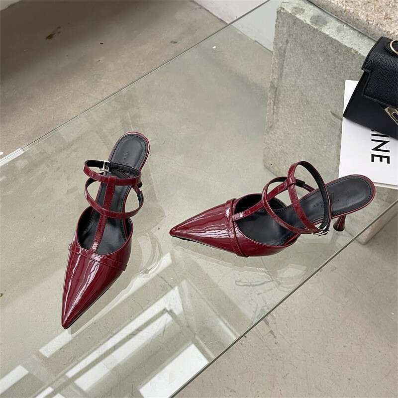 Shiny Leather Versatile One-Strap Pointed High Designer Shoe Heels 2025 Spring New Thin Heel Shallow Mouth Closed Toe Backless Sandals