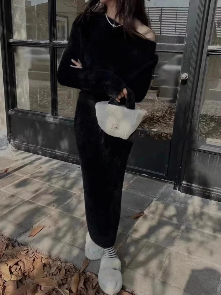 High End Soft Small Fragrant Style Mink Fur Knitted Sweater TwoPiece Set Women Temperament Long Skirt 2 Piece Outfits 251013