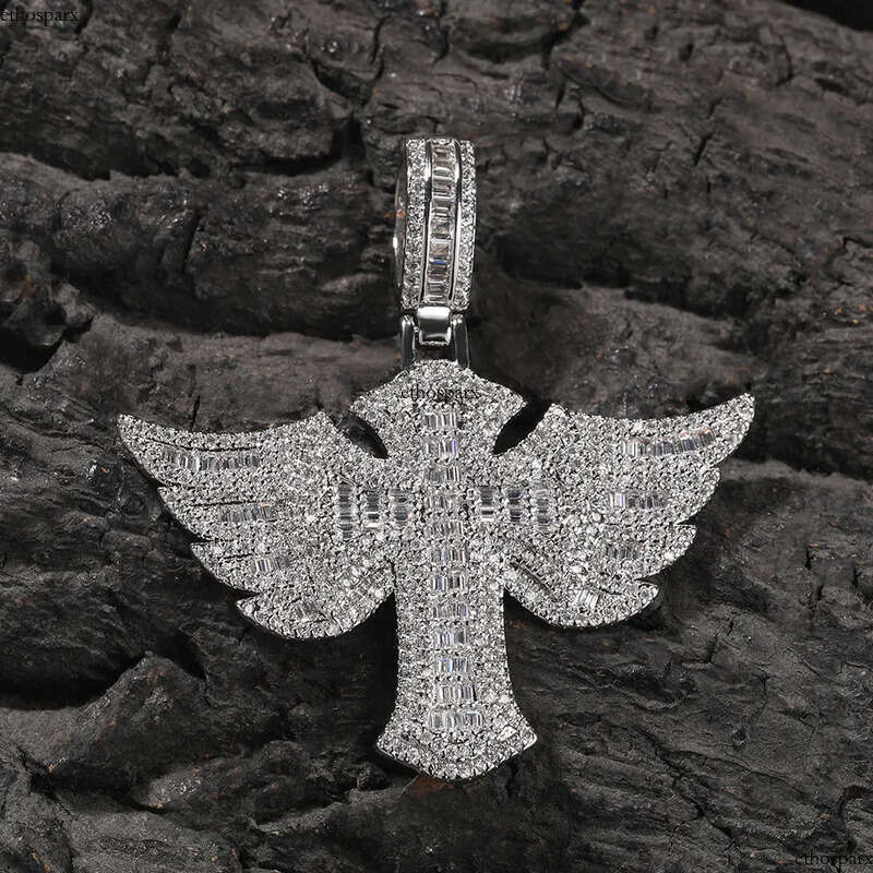 Hip Hop Wing Cross Pendant Necklace with Chain 5A Zircon White Gold Plated Religious Men Jewelry