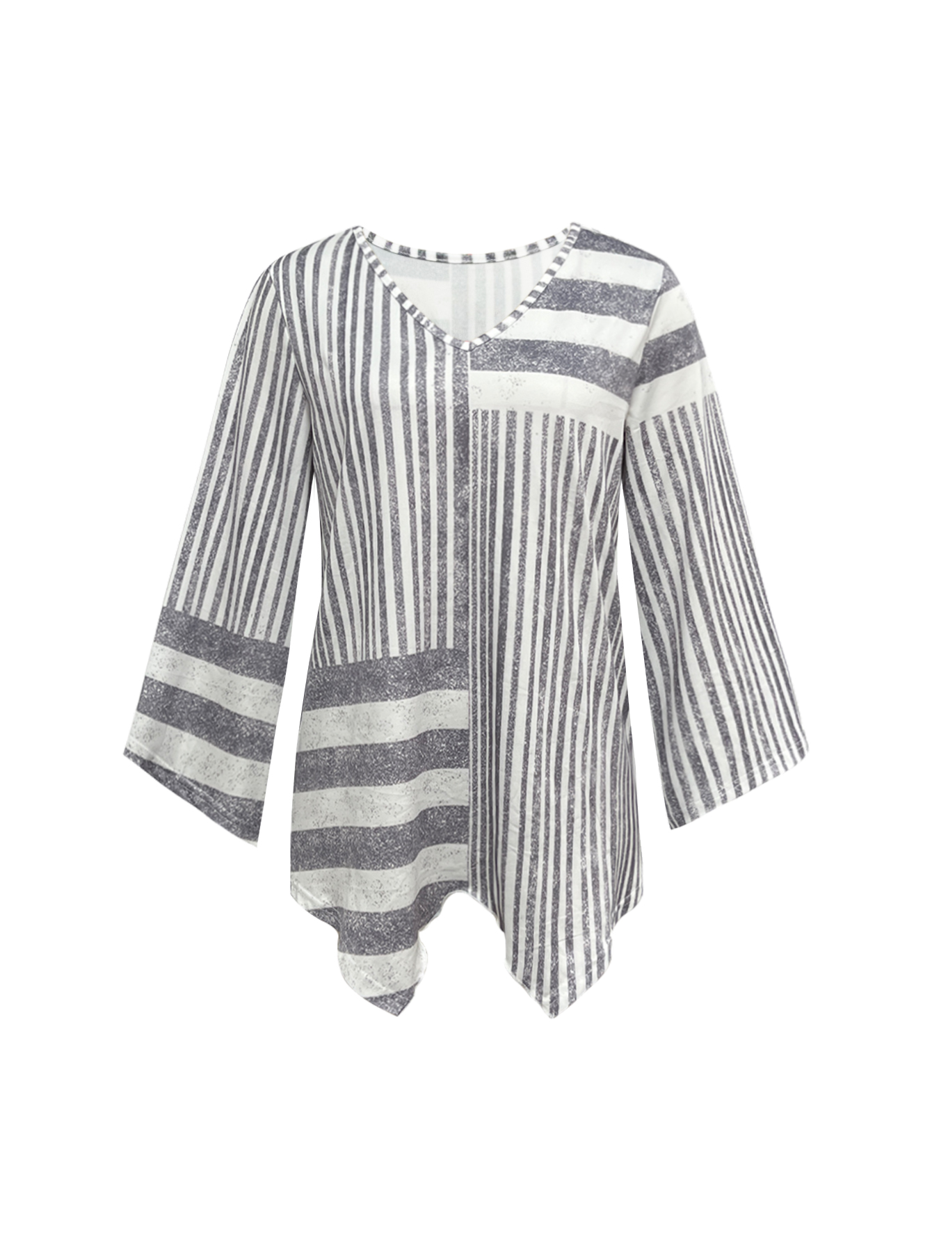 Women's New Fashion Striped Printed V-Neck Daily Casual Long Sleeve T-Shirt, Milk Silk Versatile Top-CF51068