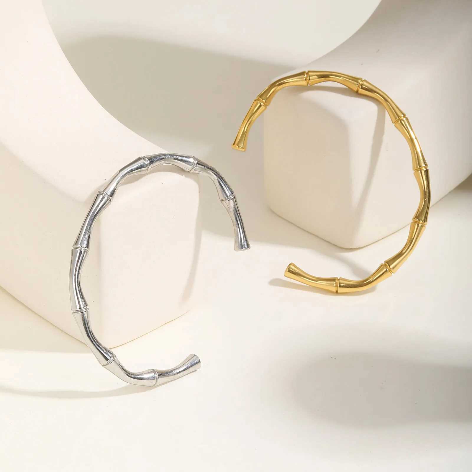 Prjewel Wearresistant Stainless Steel Bracelet For Women Gold Color Waterproof Bamboo Knot Open Bracelet For Girls Party Gifts J251021