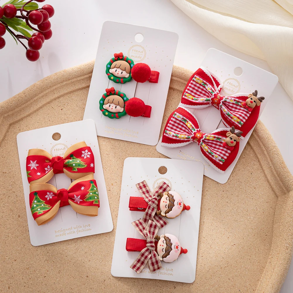 2PcsSet Christmas Baby Girls Hair Clips Ribbon Flower Tree Snowflake Resin Hair Bows Xmas Dance Party Hairpins Hairgrips 251021