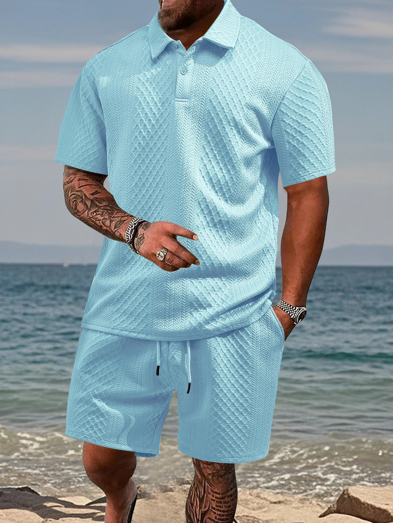 2025 Summer Mens Casual Sportswear Polo Shirt With A Lapel Mens Shortsleeved Shirt And Shorts Jacquard Texture Suit 251021