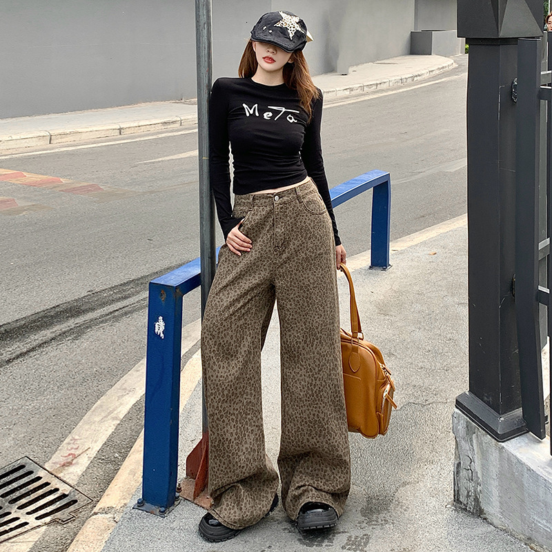 2025 heart-shaped embroidery retro leopard print designer pants print American wide leg loose new autumn and winter jeans long luxury pants long cotto