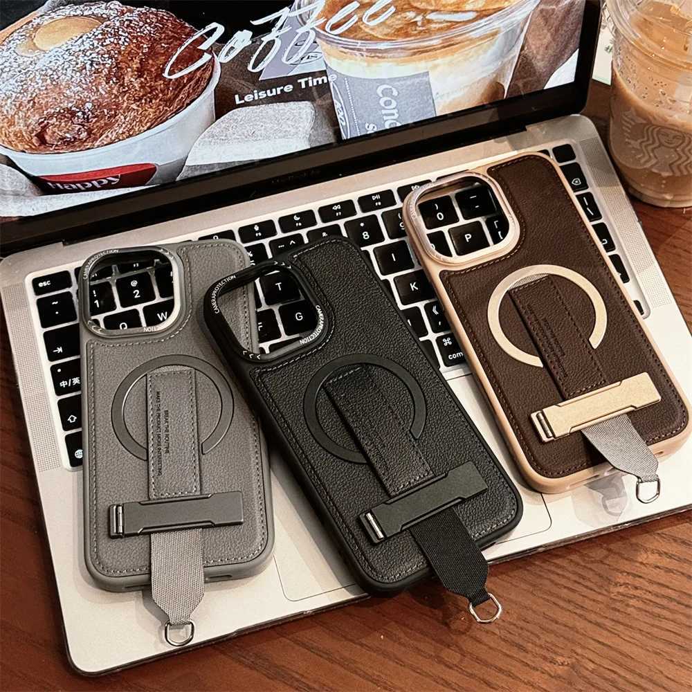 Crossbody Wrist Strap Rope Holder Phone Case for IPhone 16 Pro Max 15 14 13 Pro Magnetic Bracket Leather Protective Case J251114