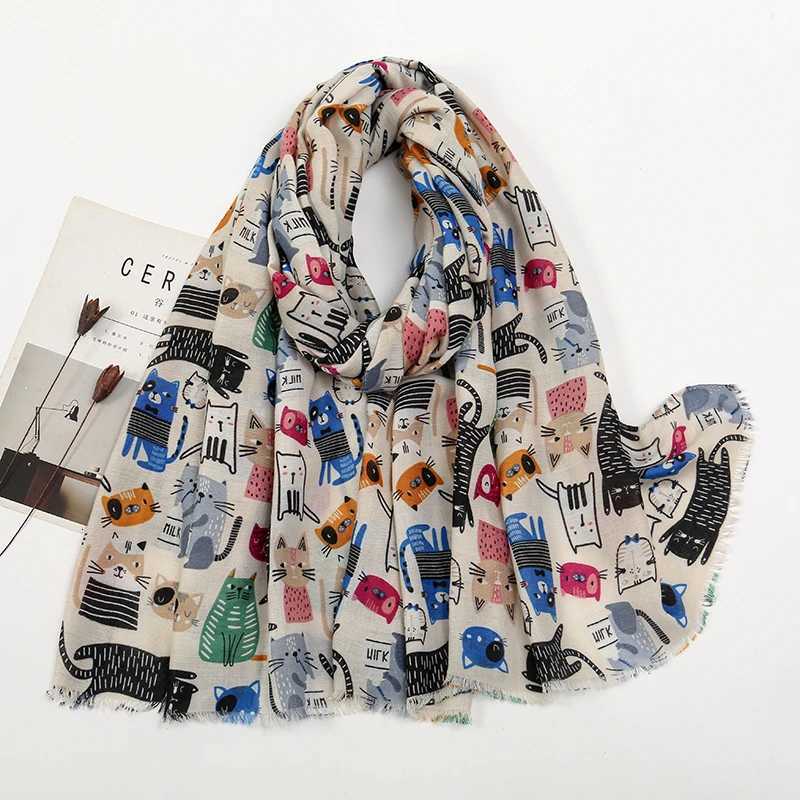Animal Printed Scarf Cartoon Cat Pattern Hijab Soft Viscose Remove Edge Long Shawl Women Colorful Foulard Wraps Tippet W251021