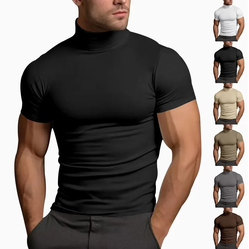 Summer solid color shortsleeved fashion bottoming shirt mens tight turtleneck Tshirt 251016