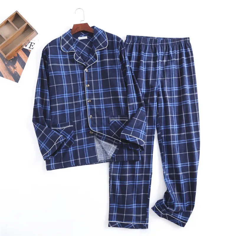 Autumn and Winter Mens est Cotton Flannel Brushed Trouser Suit Plaid Clothes with Button Pajama Set Homewear Men Suit 251021