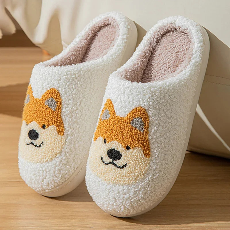 Cartoon Corgi Printed Home Slippers Women Winter Warm Soft Bottom NonSlip Plush Slippers Woman Indoor Flat Cotton Slides 251021