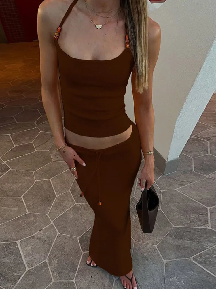 Sisterlinda Simple Summer Matching In Sets Classic Solid Bandage Halter Backless TanksMaxi Skirts Female Basic High Street Suit 251016