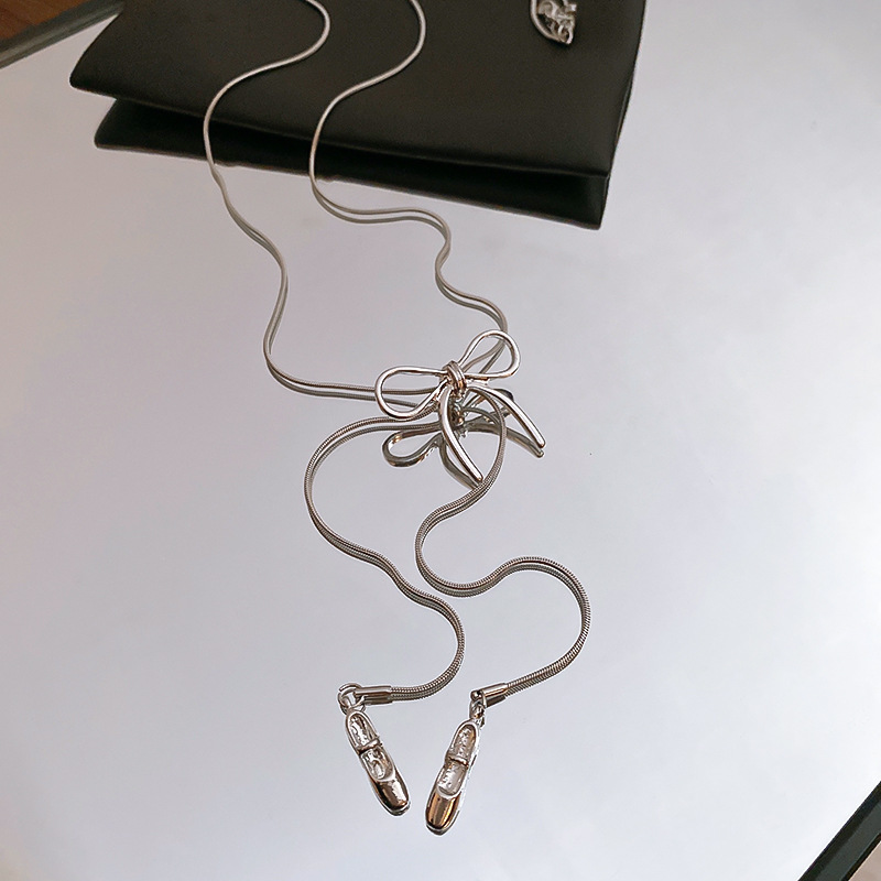 Korean Style Bowknot Ballet Shoes Pendant Necklace for Women Versatile Fashion Design Sweater Chain Simple High-end Accessories - view 6