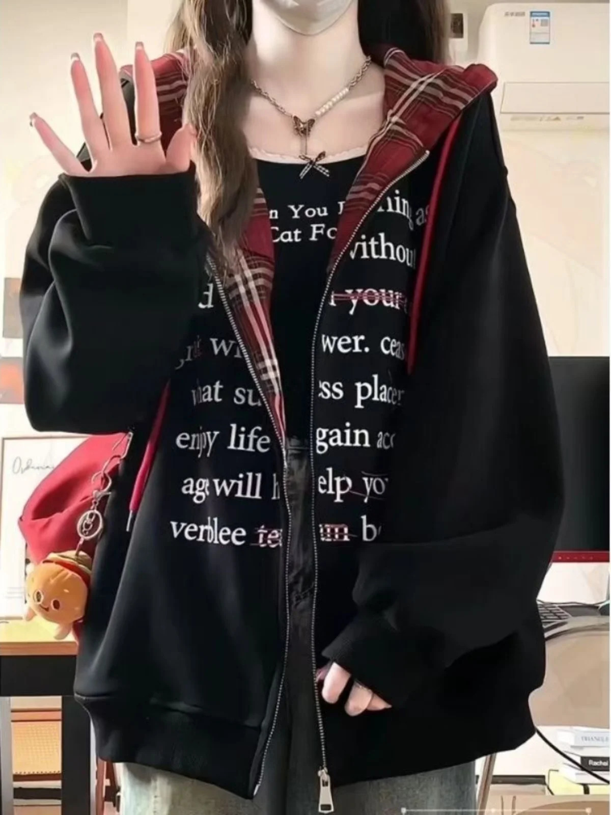 Retro Plaid Splicing Womens Hoodie Cardigan Korean Sle Outerwear Loose Fit Long Sve Polyester Fiber Zipper Closure 251017