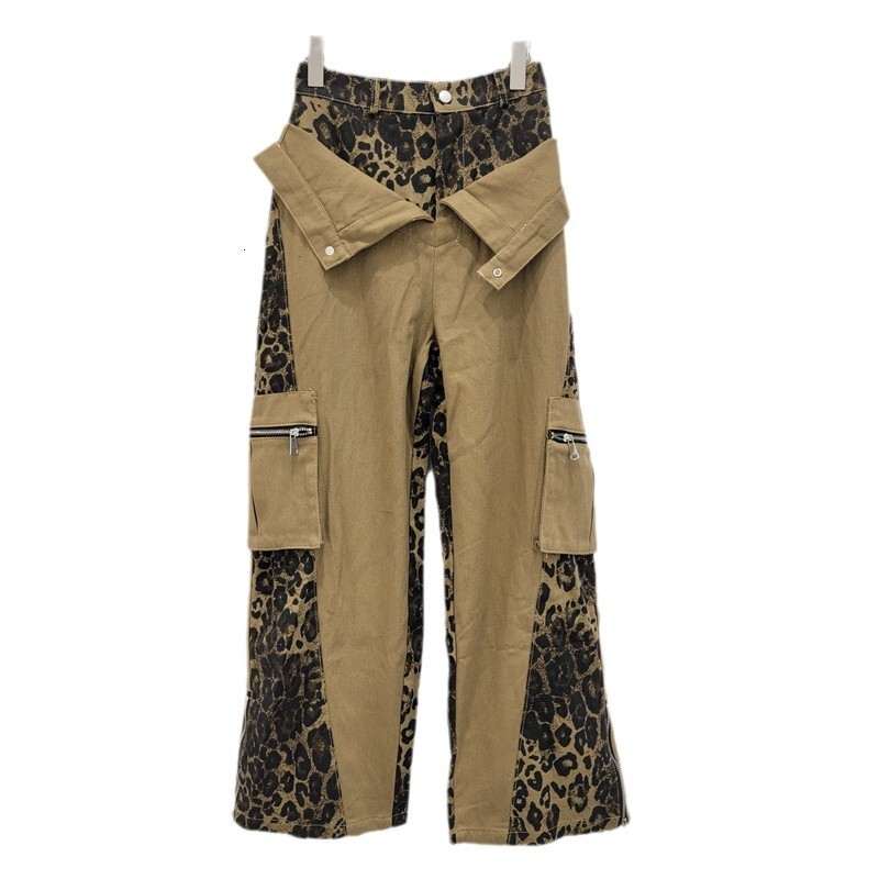 2025 American designer high waisted work pants fake two-piece set luxury pants patchwork leopard print jeans camouflage pants street hip-hop straight 