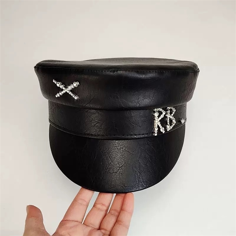 Fashion PU sboy Hat For Women Diamond Letter Flat Top Cap Solid Color Militray Hat Fashion Street Style Navy Hat 251016