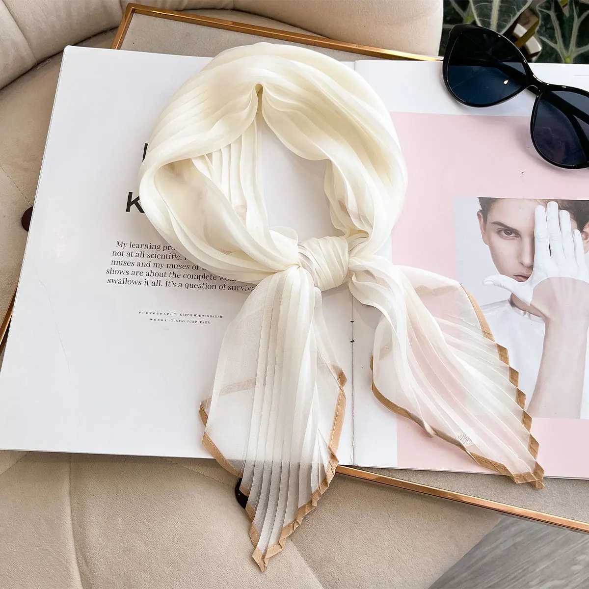 Women Pleated Satin Solid Scarf Headscarf Neckerchief Square Shawl Hair Tie Band HandKerchief Satin Foulard Scarves Decorative W251021