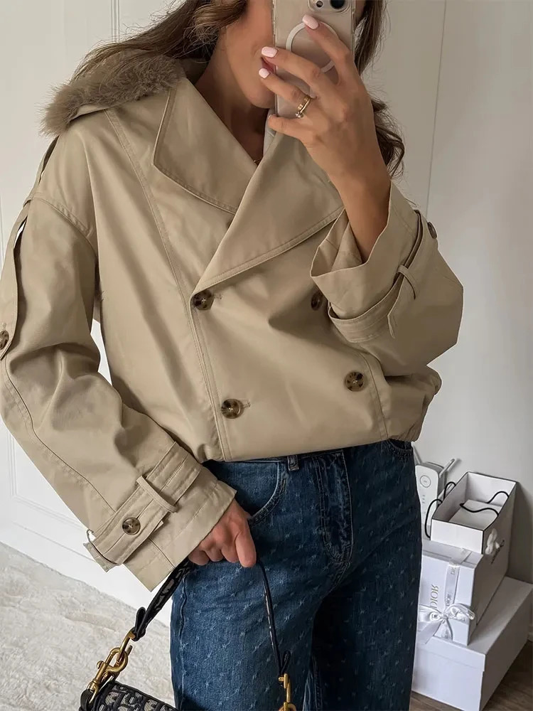 HH Womens Fall Fashion Trench Coat Long Sleeve Double Breasted Lapel Hairy Collar Causal Jackets Loose Outerwear 251017
