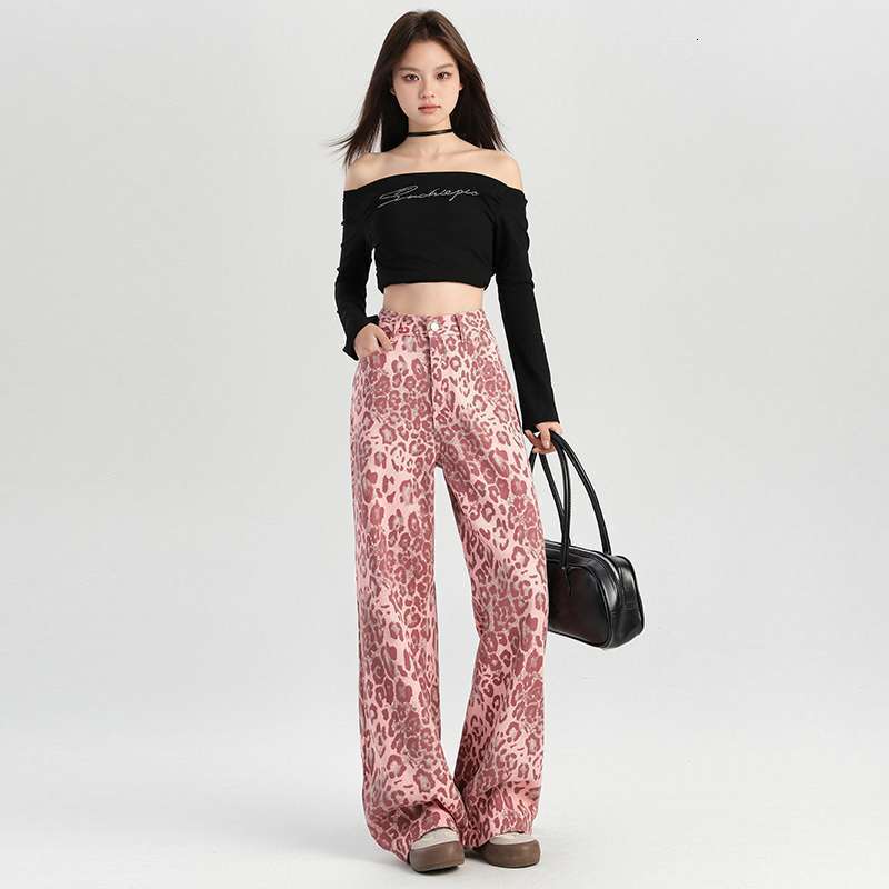 2025 Pink Leopard Pattern Designer Pants Women's Printed Jeans Autumn Thin Loose Autumn New High Waist Straight Tube Wide Leg Floor Length