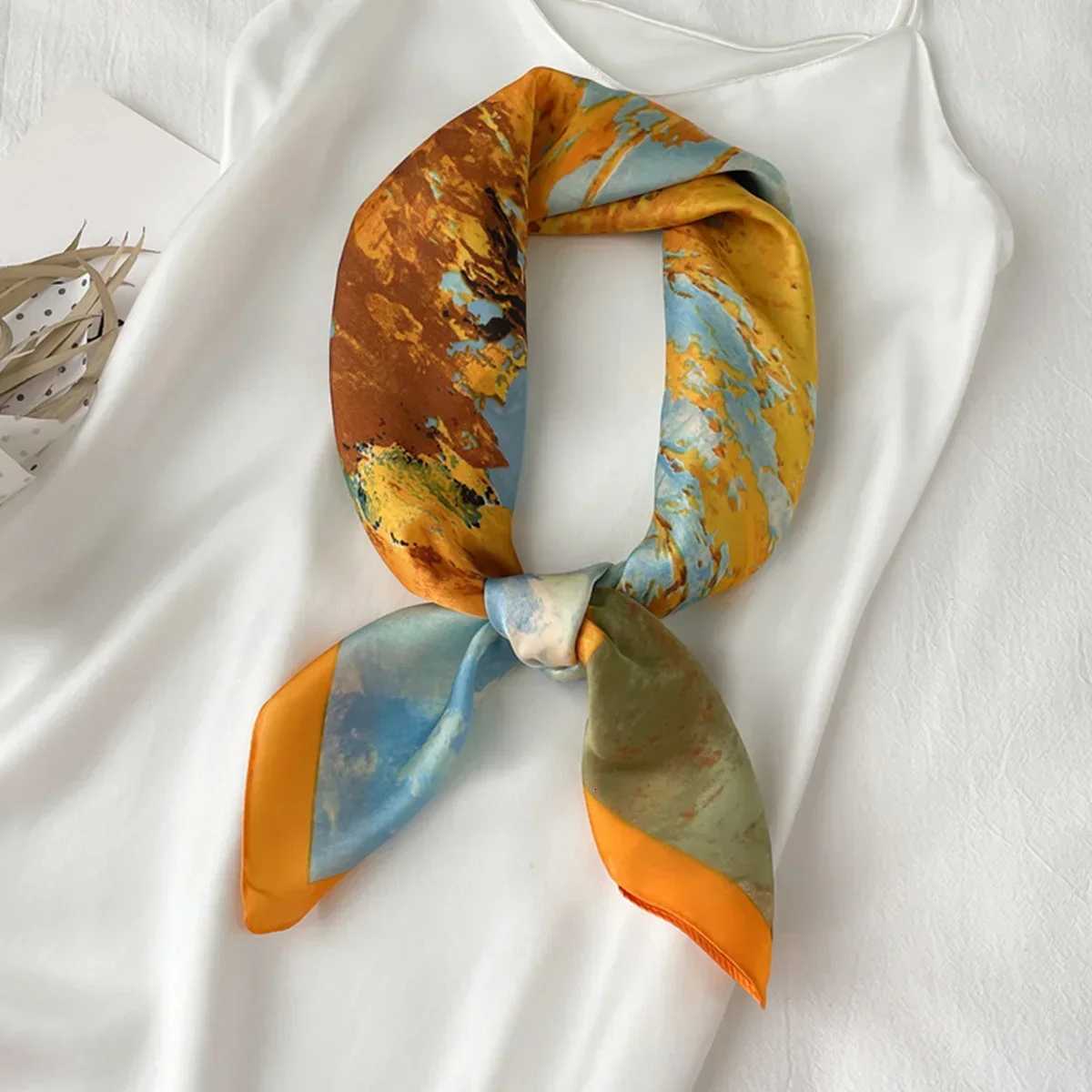 Tree Oil Painting Print Neckerchi ic Imitation Silk Square Scarf Breathab Bandana Wrap Hair AccoriesW251021