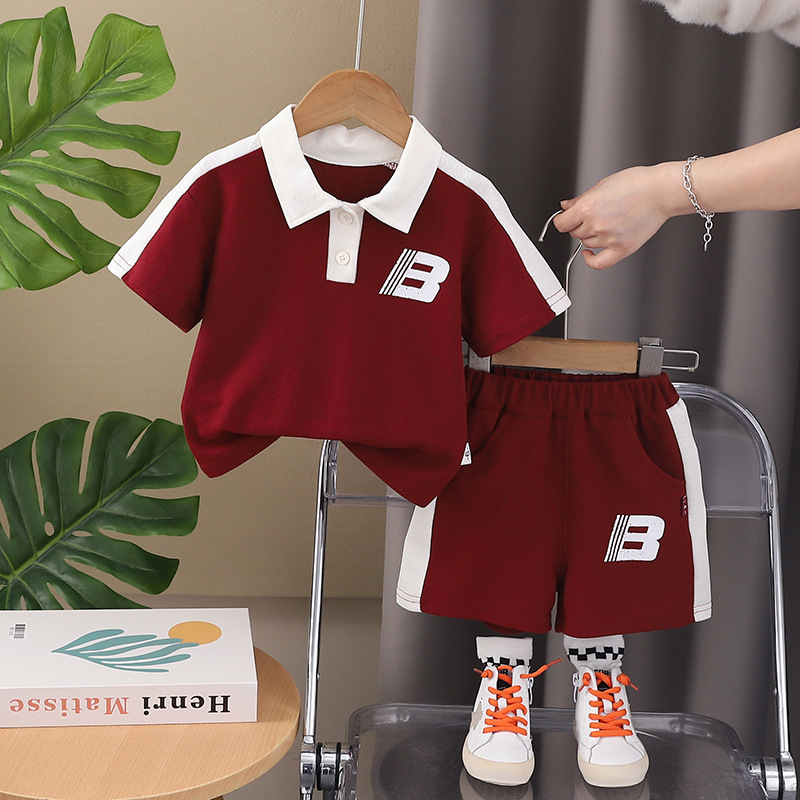 Free Shipping 2025 Kids Polo Shirt Set 2-Piece, Color Blocking Letter Print Short Sleeve Outfit, Boys Girls Summer Casual Clothes for Toddlers