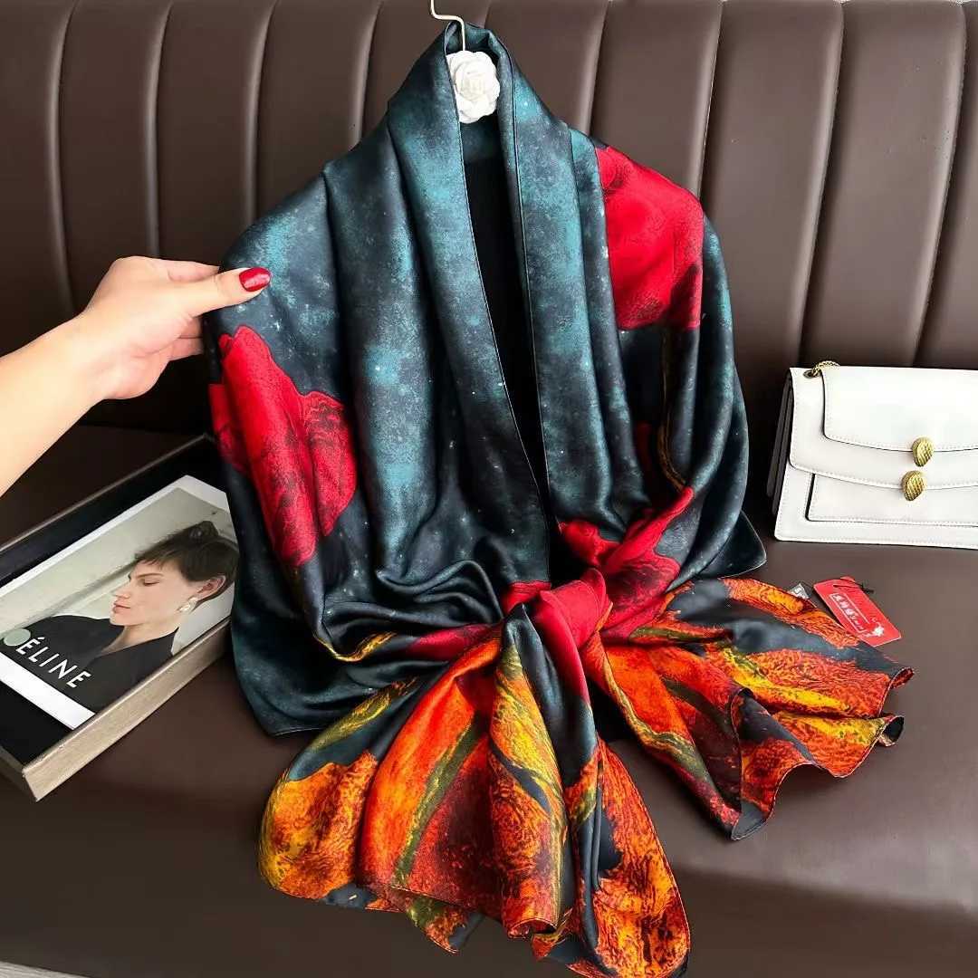 New 18090cm classic Silk Scarf Women Foulard Office lady Large Fashion Print Beach Hijab shawl warp bandanna muffler pareo W251021