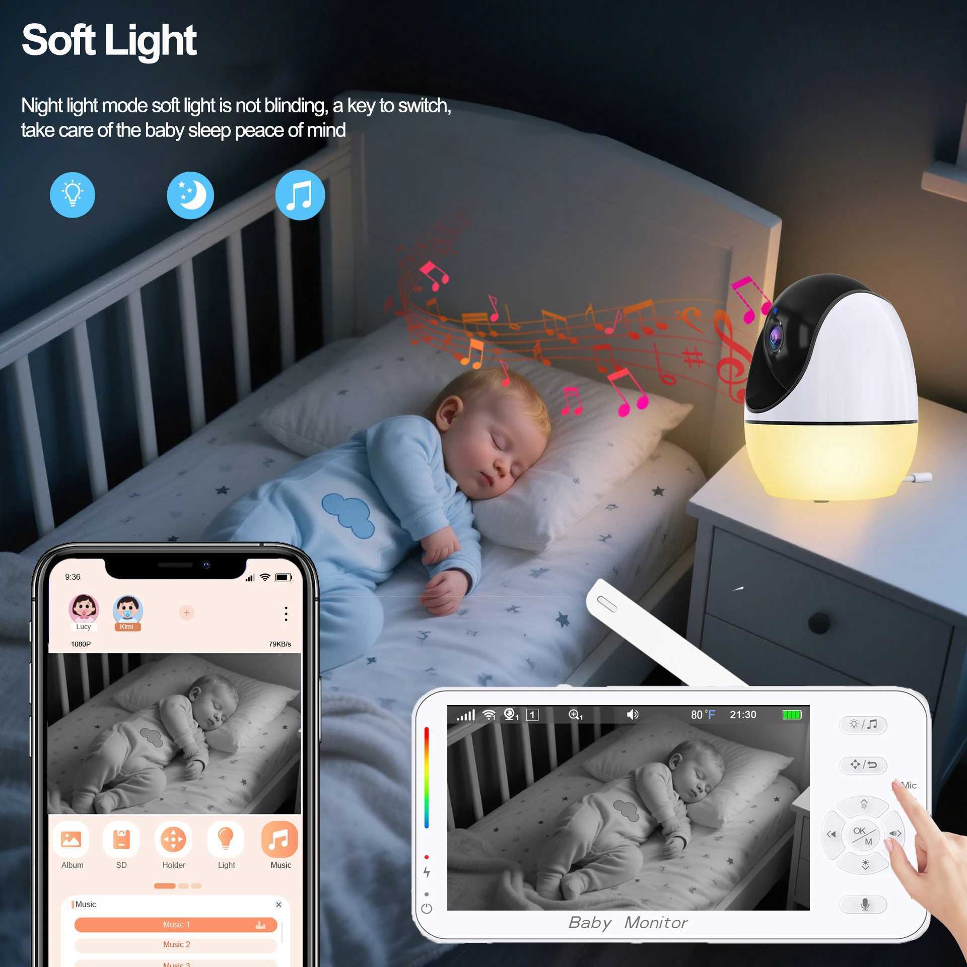43Inch Baby Video Monitor with 4x Zoom Camera MotionSound Detection Soft Night Light Dual Control APP Wireless Monitor J251121