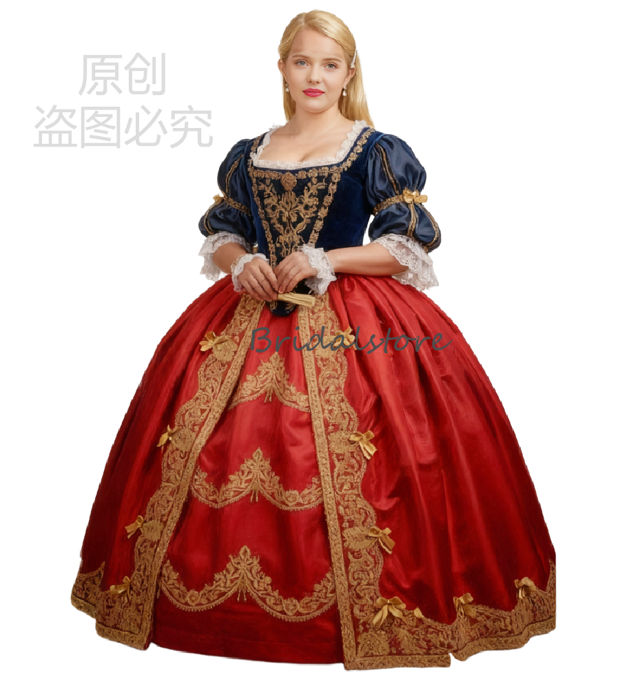Aristocratic Navy With Red Renaissance Evening Dress With Gold Lace Squre Neck Short Medieval Prom Dress 2026 Costume Formal Occasion Reception Party 
