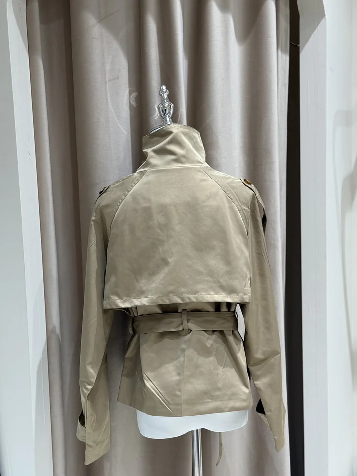 Belted Waist Cropped Trench Jackets Women Double Breasted Stand Collar Coats Autumn Chic Casual Vintage Jacket Cloth 251021