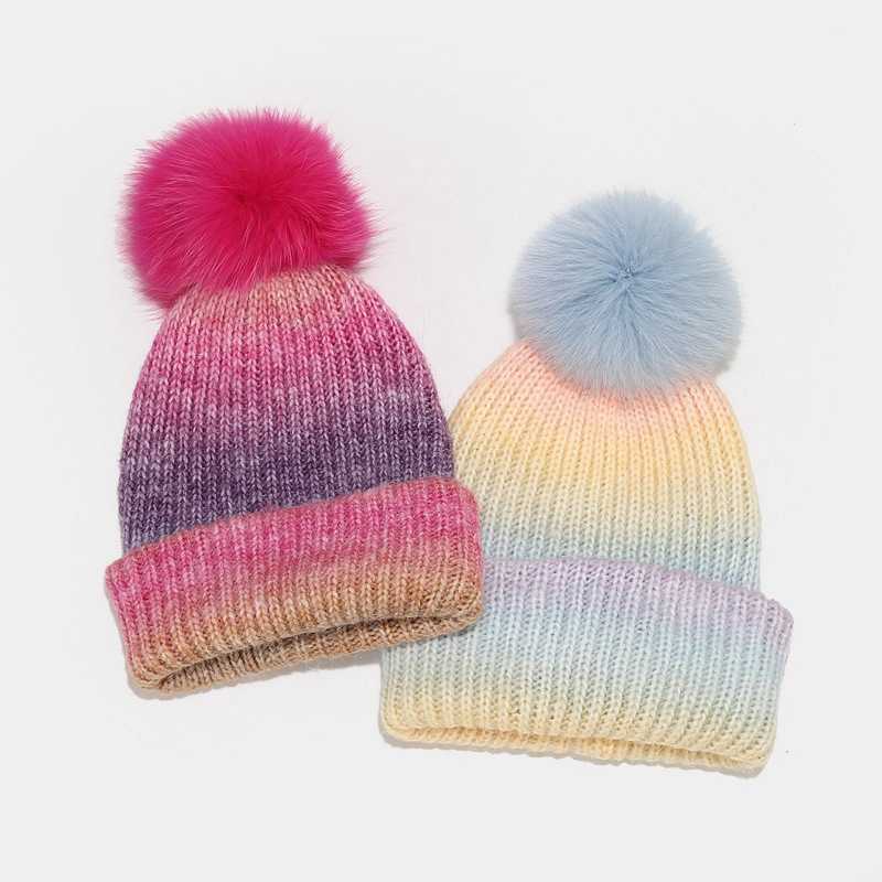 New Style Fox Fur Ball Knitted Hat Womens Fashion Colorblock Wool Hat Autumn Winter Outdoor Warm Hat Trendy H251020